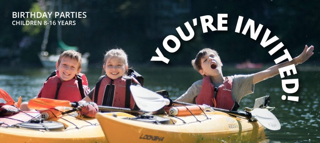 Young children having a good time kayaking. Text on top reads "You're Invited, Birthday parties children 8-16 years"