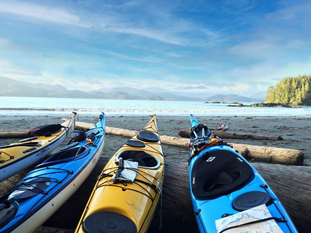 Kayaks on a beach at the Gulf Islands