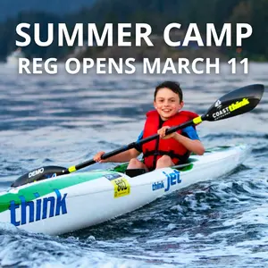 child in a surfski, text reads "summer camp reg opens March 11"